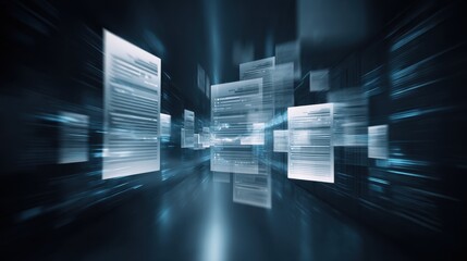 Futuristic Data Flow with Floating Transparent Documents in a Cyber Space Environment, Illustrating Digital Information Movement and Technology Advancement