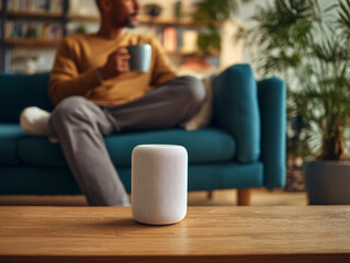 Obraz premium Smart Speaker in a Modern Living Room: Enhancing Home Technology and Comfort with Contemporary Design
