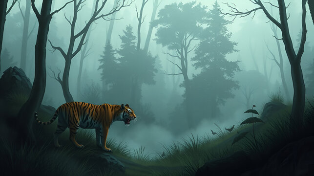 Tiger ambush in misty forest. Eldertide Mist. Illustration