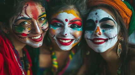Obraz premium Three women with painted faces celebration culture and tradition