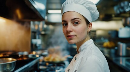 A young female chef stands confidently in a bustling kitchen, showcasing her dedication and passion for culinary arts, surrounded by cooking equipment and vibrant dishes.