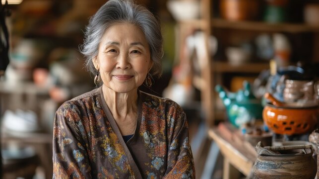 A senior woman artisan smiles warmly in her workshop, surrounded by handmade crafts. Her experience and skill reflect the beauty of traditional artistry.