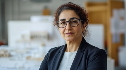 A confident middle-aged female architect poses in her studio, showcasing her expertise in design and architecture. The professional setting emphasizes her leadership and creativity in the industry.