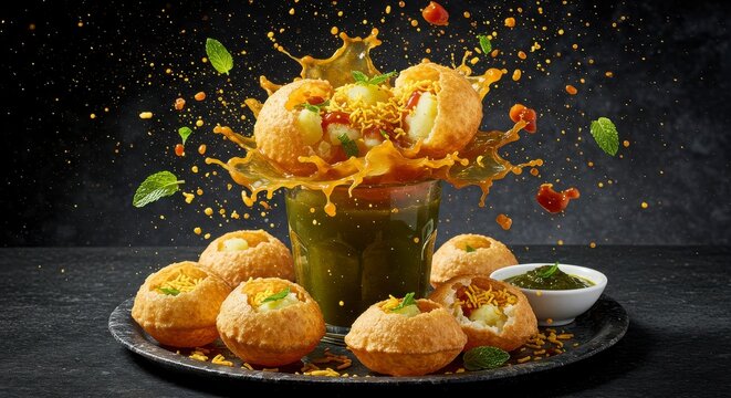 Captivating pani puri display with splash and dark backdrop, Indian snack