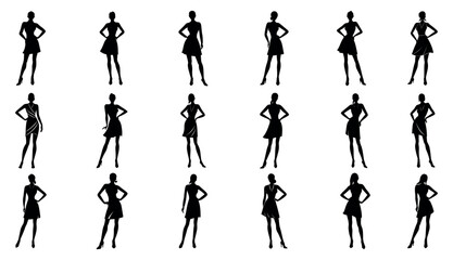 Minimal black silhouette of  womans in a short wrap dress, standing with different posess a vector illustration set 
