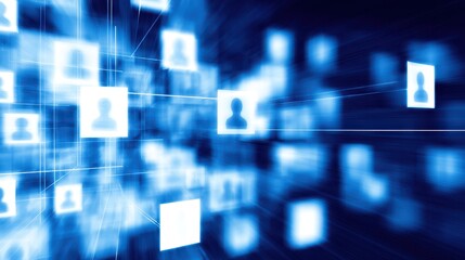 Abstract digital interface with human silhouettes representing social connections, networking, and communication in a futuristic blue background