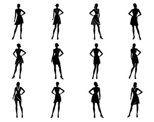 A bundle of Minimal black silhouette of  womans in a short wrap dress, standing with different posess vector illustration