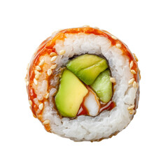 Delicious sushi roll with avocado, crab, and sesame seeds on a black background