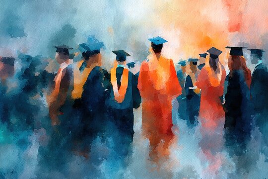 A dreamy watercolor depiction of a graduation ceremony, with colorful caps and gowns against a blurred, vibrant background. High quality