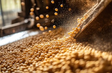 Soybeans being processed in a factory.  A large quantity of soybeans are being transferred from a conveyor.  The light highlights the beans and the movement of the transfer