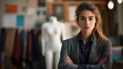 A sophisticated portrait of a young European female fashion designer, showcasing confidence and elegance in a vibrant studio setting surrounded by creative elements.