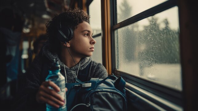 A young person with headphones looks out the window of a bus on a rainy day, lost in thought. - Powered by Adobe