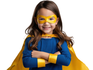 Young Superhero: An inspiring portrait of a young girl radiating confidence, dressed as a superhero, embodying strength and courage with her arms crossed, ready to conquer any challenge.