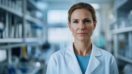 Fototapeta premium A middle-aged European woman dressed in a lab coat stands confidently in a laboratory. Her serious expression reflects a commitment to scientific research and professionalism.
