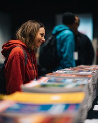 Fototapeta premium A woman smiles while looking at magazines and publications on display at an event or convention.