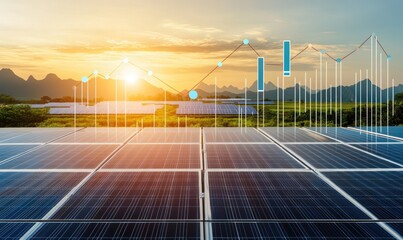 Solar panels with data overlay on a rural landscape at sunset.  Graphs and charts are superimposed on the scene