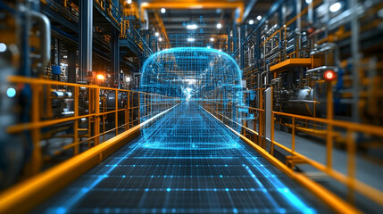 Futuristic Factory Conveyor Belt with Digital Blue Grid Overlay