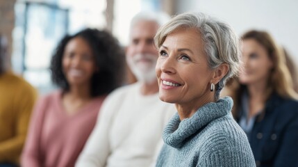 Close-up of a smiling senior woman looking up during a presentation with the audience in background.