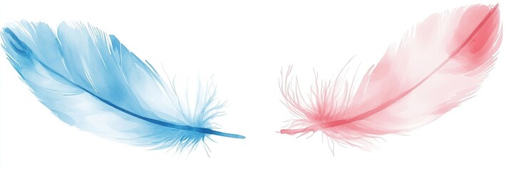 Obraz premium Two delicate feathers, light blue and pale pink, against a white background