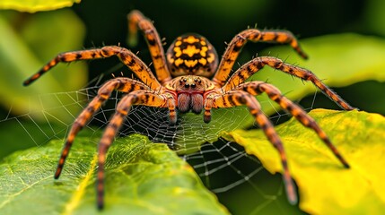Obraz premium Close-up of a brown and orange spider on a web amidst green leaves