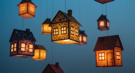 Charming house-shaped lanterns cast a warm glow, suspended against a twilight sky, creating a whimsical and inviting atmosphere for all.
