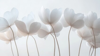 Delicate white anemones, soft focus, light and airy,  pale blooms in a horizontal arrangement