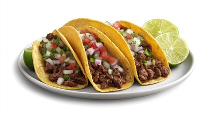 Three tacos with beef filling, toppings, and lime wedges on a plate