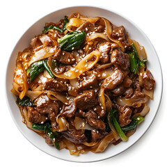 A plate of beef stir fry with noodles and vegetables