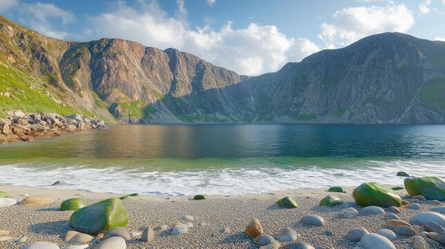 Picturesque coastal scene with calm waves lapping a pebble beach, dramatic mountains in the background
