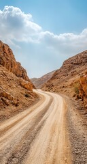 Winding dirt road through a dry desert canyon under a partly cloudy sky