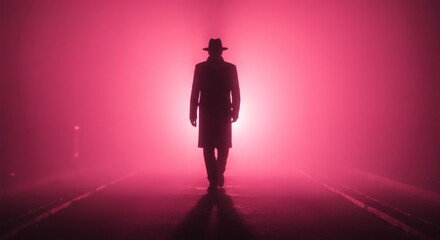 Fototapeta premium A mysterious silhouette of a person in a hat and trench coat walking on a road shrouded in pink fog, creating an eerie and suspenseful atmosphere.