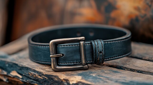 Black leather belt with bronze buckle detailed close up