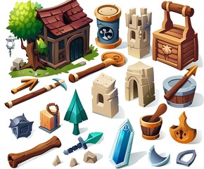 Pixelated Isometric Game Assets Collection Including Buildings Tools Weapons and Decorative