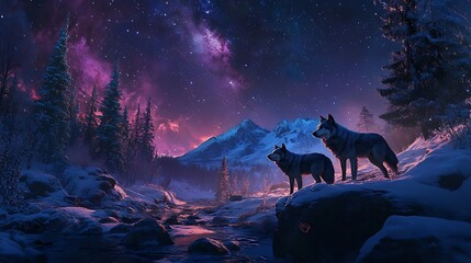 Fototapeta premium Wolves winter landscape night sky