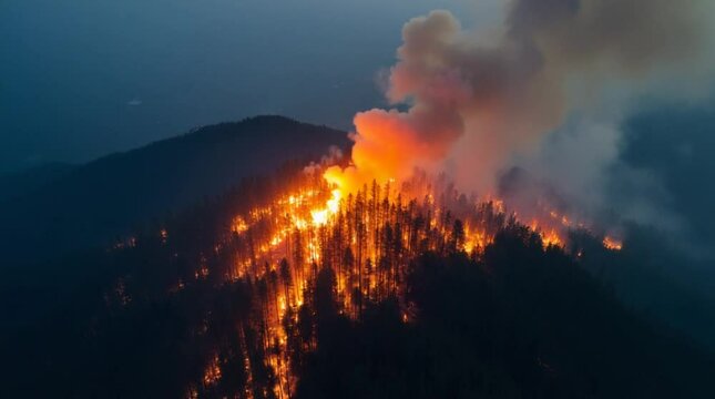 Fire on Mountain Forest Aerial View