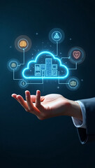 Fototapeta premium A hand holding a glowing cloud computing illustration that has digital icons attached to it