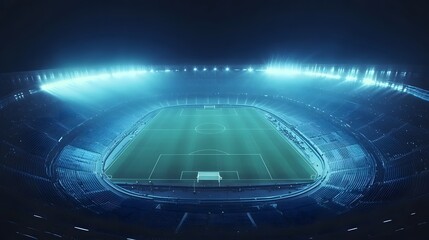 Aerial view of soccer stadium at night illuminated with bright lights for sports event and game day action