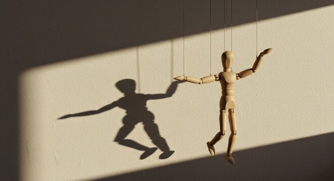 Wooden marionette puppet figure suspended by threads casts a dramatic shadow on the wall in bright sunlight, artistic concept.