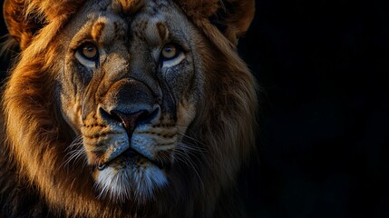 Naklejka premium Regal lion portrait with intense gaze and dramatic lighting