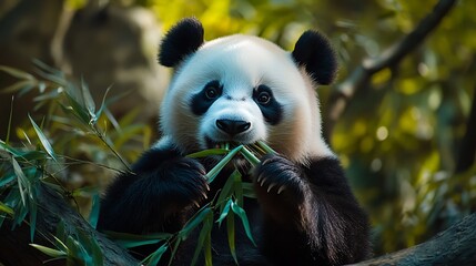 Obraz premium Panda eating bamboo in natural habitat