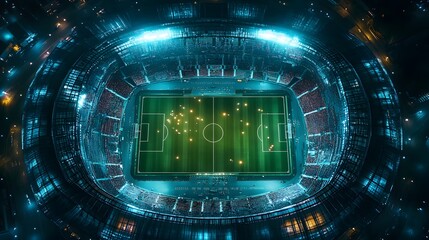 Aerial view of soccer stadium at night with bright lights and green field for sports and entertainment