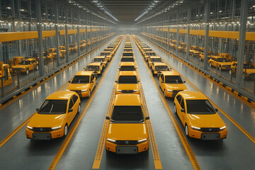 Automated Production Line of Yellow Vehicles in a Modern Factory