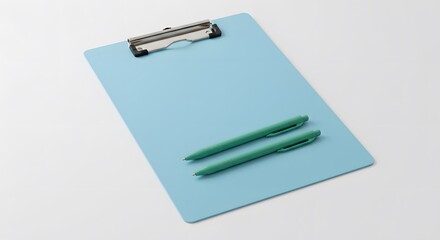 Light Blue Clipboard with Two Matching Pens on White