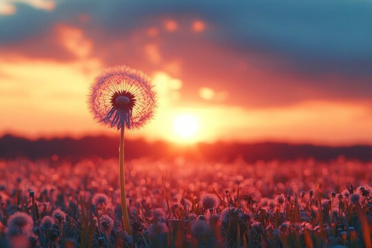 A close-up of a dandelion clock in a field at sunset