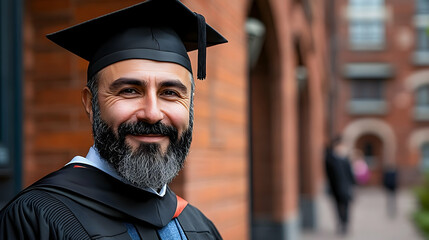 Fototapeta premium Mature Graduate's Joyful Portrait Near Brick Building