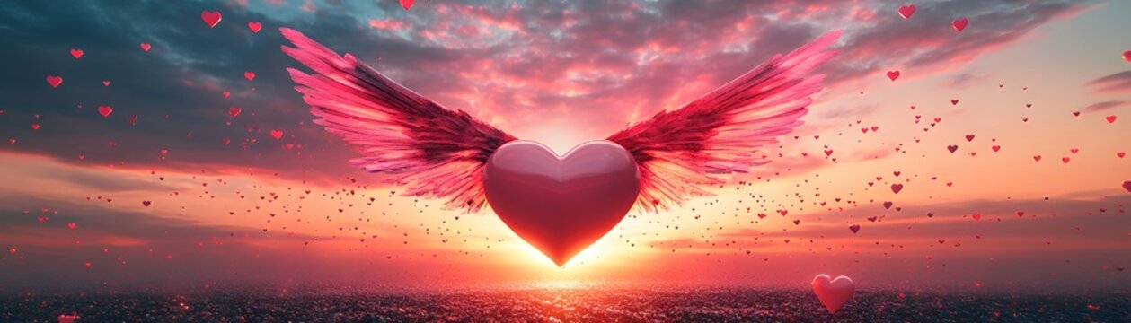 A heart with wings soaring through a sunset sky.