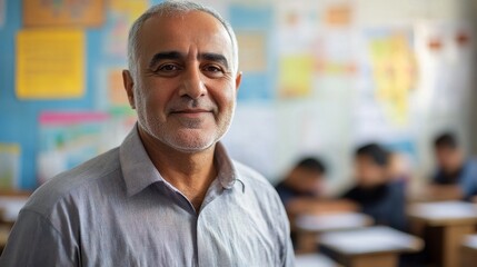 Obraz premium A senior male teacher stands confidently in a classroom, showcasing a warm smile and an approachable demeanor. His experience enriches the learning environment for students.