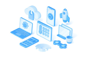 Modern Technology Icons in a Light Blue Isometric Design