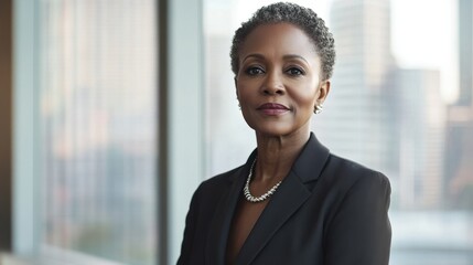 A confident middle-aged Black woman in business attire poses elegantly. Captured in an urban office setting, she exudes professionalism and leadership.