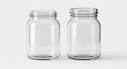 Two Empty Glass Mason Jars on White Background